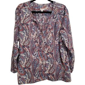 J. JILL Women's Large button-up paisley pintuck bodice boho hippie blouse top